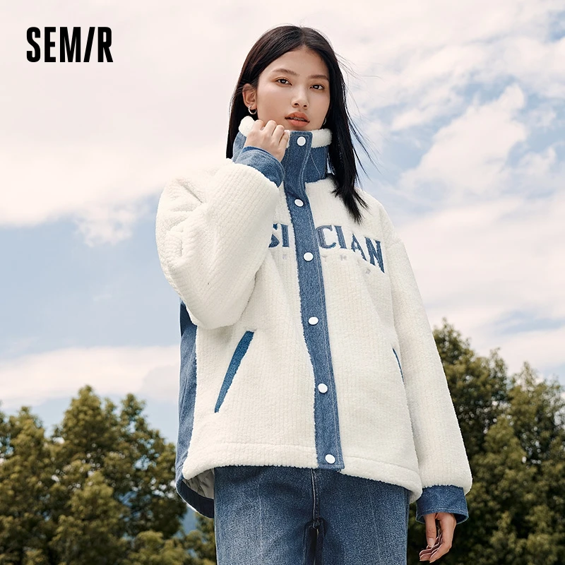 Semir Cotton-Padded Coat Women Winter Texture Imitation Lamb Wool Splicing Loose Niche Denim Letter Dropped Shoulder Jacket