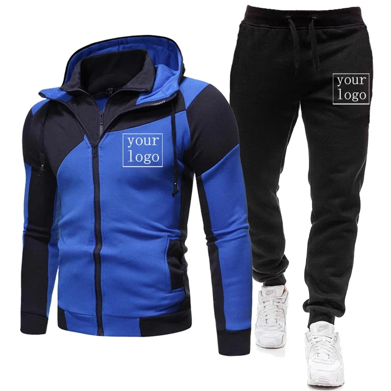 2024 Men's Autumn Winter Custom Logo Zipper Hoodie and Pants 2 Piece Casual Sportswear Jogger Running Fitness Tracksuit Suit