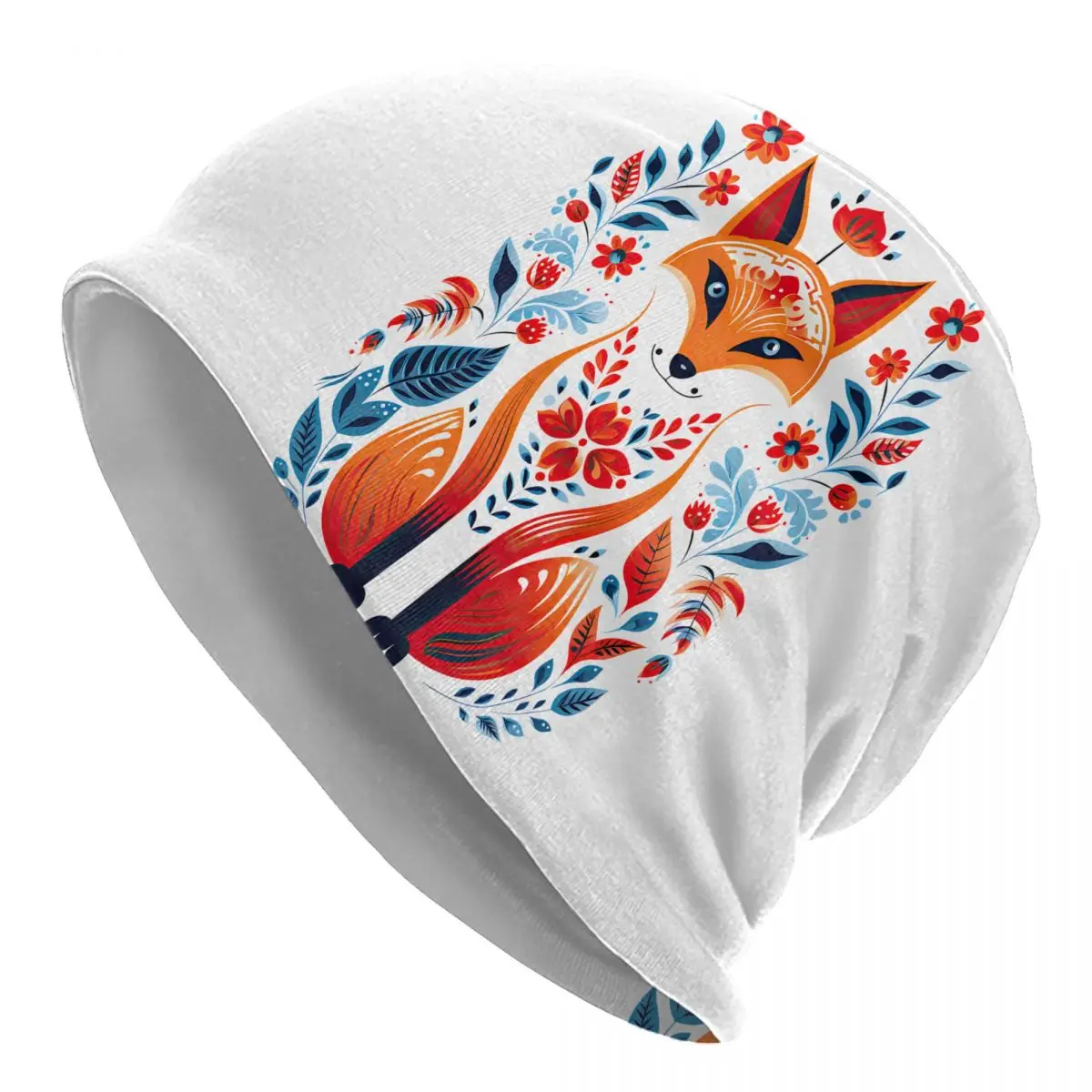 Fox With Flowers Bonnet Outdoor Thin Skullies Beanies Scandinavian folk Caps For Men Novelty Hats