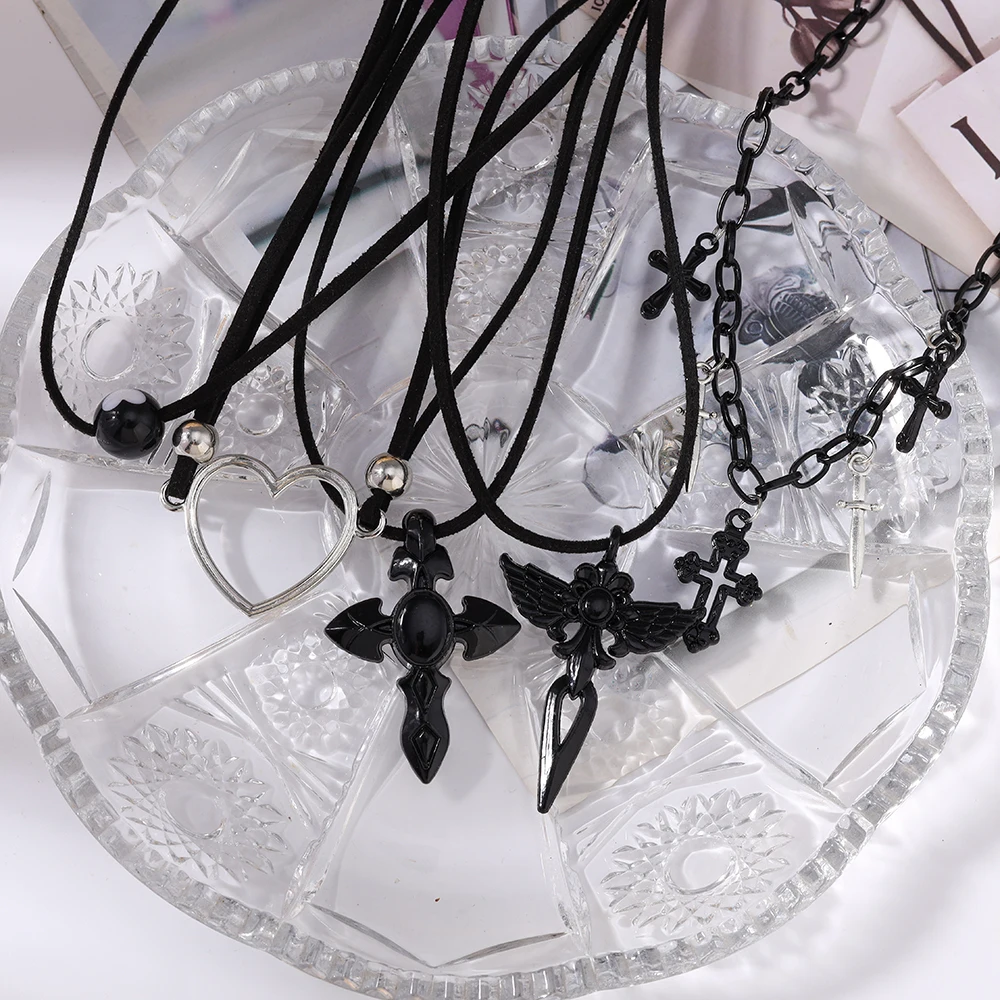 Aihua Vintage Mode Leder Seil Herz Kreuz Anhänger Halskette Für Frauen Männer Kpop Schmuck Zubehör Y2k Ästhetik – Detail 5