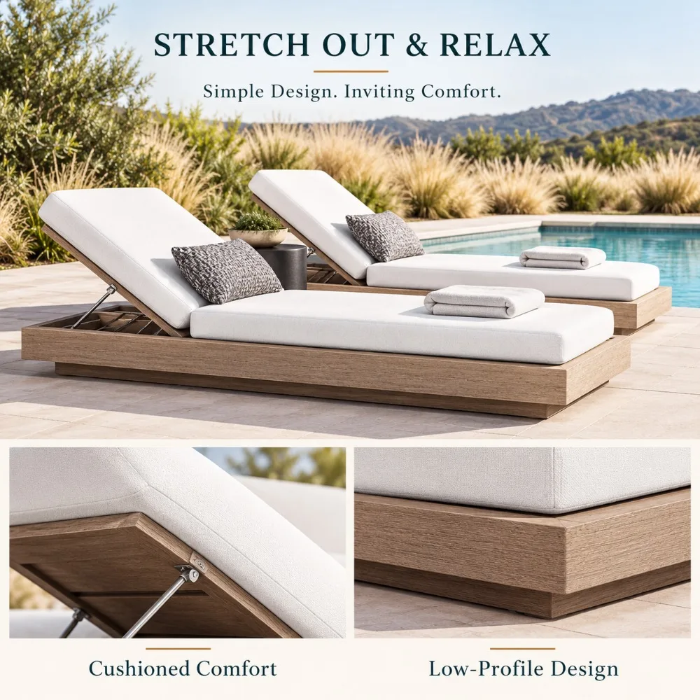 Teak Sun Lounger, Modern Solid Wood Poolside Chaise Lounge, Luxury Outdoor Sunbed for Garden Villa Beach