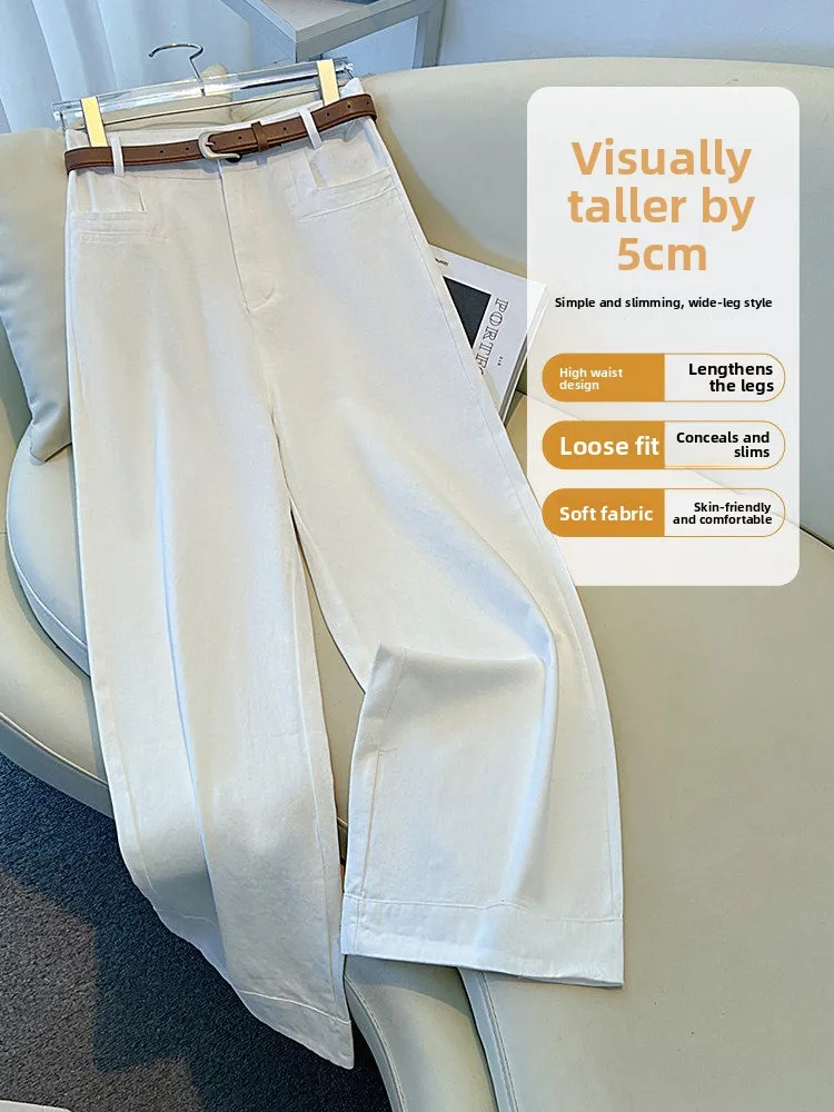 High Waist Khaki Wide Leg Suit Pants Women Summer Loose Slimming Casual Drapey Nine Point Straight Leg Jeans Cotton Blend