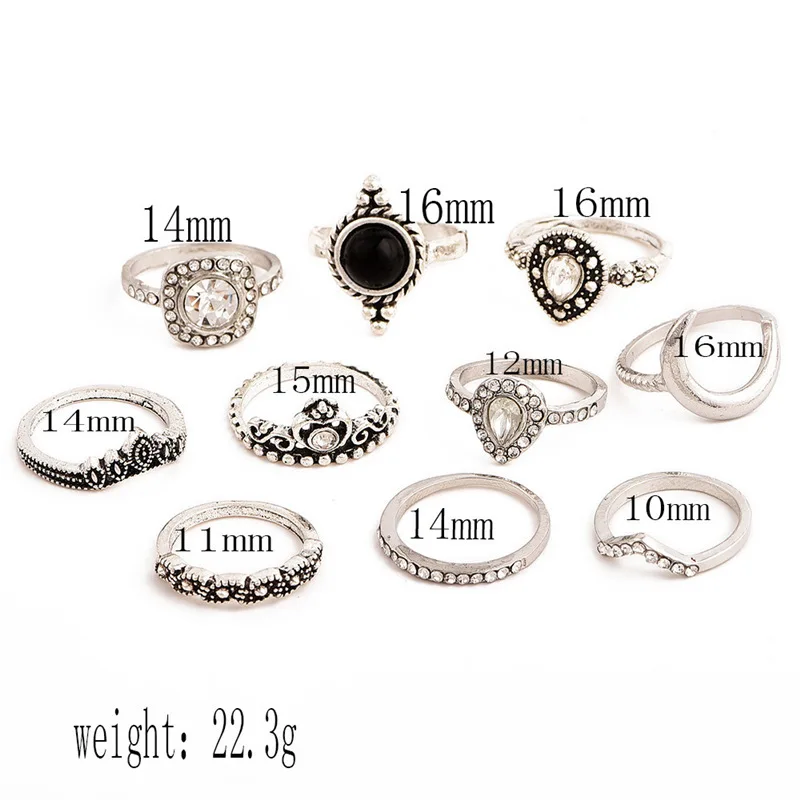 European and American popular women's black gemstone hollow crown with diamonds, water droplets, moon leaf ring 10-piece set of
