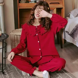 2024 New Pajama Girl Autumn Cotton Long Sleeve Cute Loungewear Cardigan Doll Collar Sleepwear Red Loose Plus Size Homewear Suit