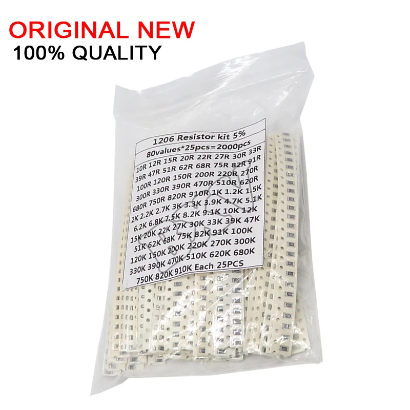 2000PCS =80Values*25PCS Assorted Set  1206 SMD Resistor Kit 5% 10ohm-910K ohm SMD Resistors 10K 470/100/680 Ohm Resistance Pack 