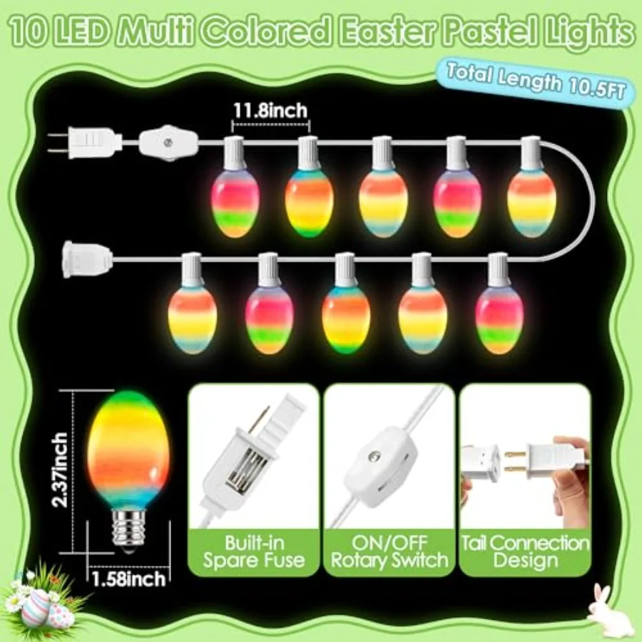 Pack Easter Egg String Lights 0.5FT Multi-Color Pastel LED Egg Lights End-to-End Connectable String Light for Indoor and Outdoo