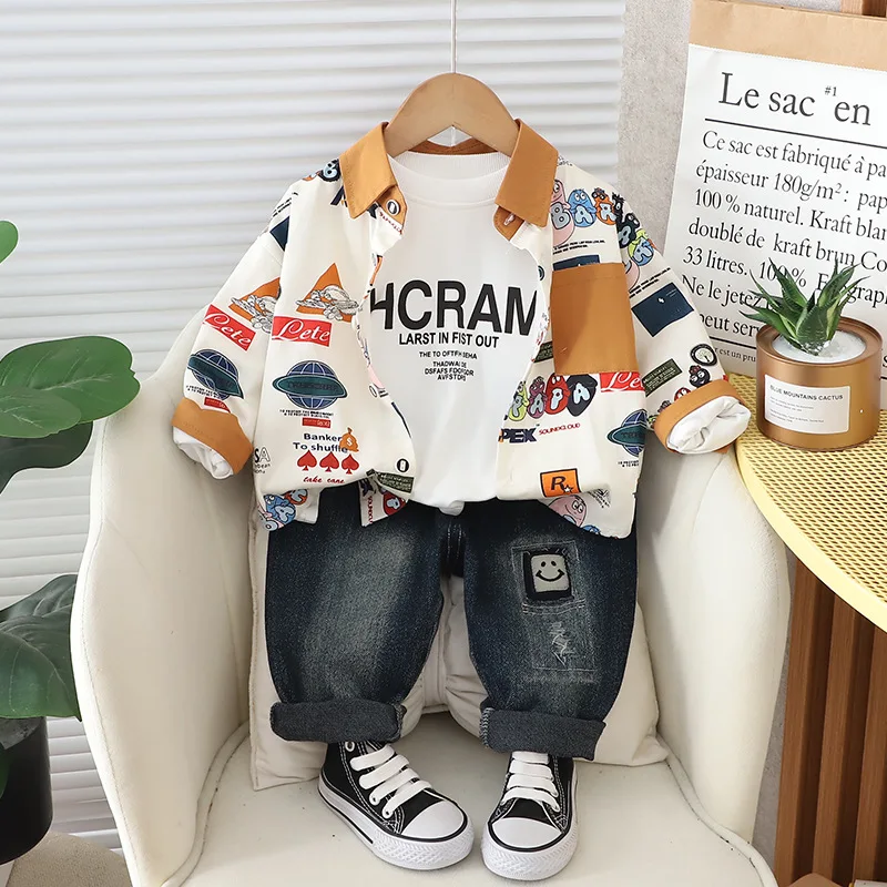 Baby Tracksuit Set 2024 Spring Korean Style Printed Turn-down Collar Shirts + White T-shirts + Jeans Children Clothes Boys Suit