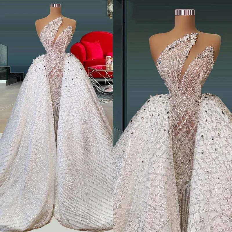 

Exquisite Wedding Mermaid Dresses With Detachable Train Beading Crystal Bridal Gown Pearls Sequined Dubai Dress Vestido De Novia