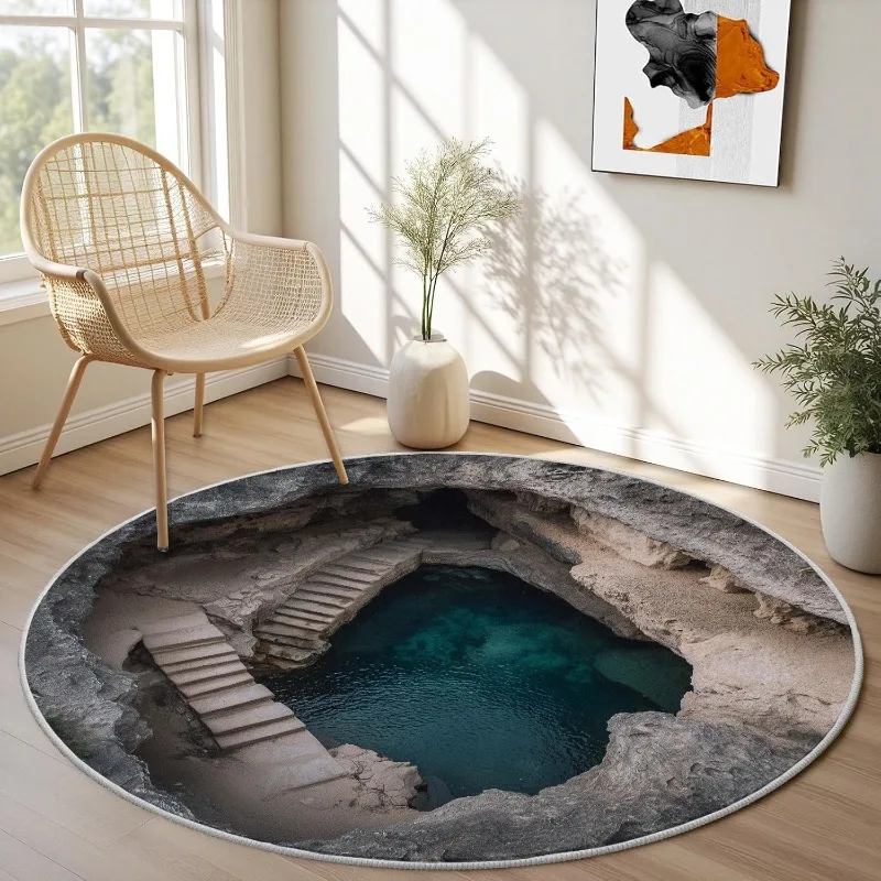 ثلاثية الأبعاد الوهم البصري بركة جيدا السجاد المستديرة مضحك ثقب حجر خطوات طباعة ديكور المنزل Floormat لينة عدم الانزلاق غرفة المعيشة البساط