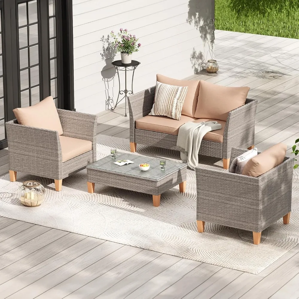 Комплект мебели для террасы из 5 предметов, уличная мебель с журнальным столиком, двуспальным диваном и 2 одноместными стульями, толстая подушка 4 дюйма.