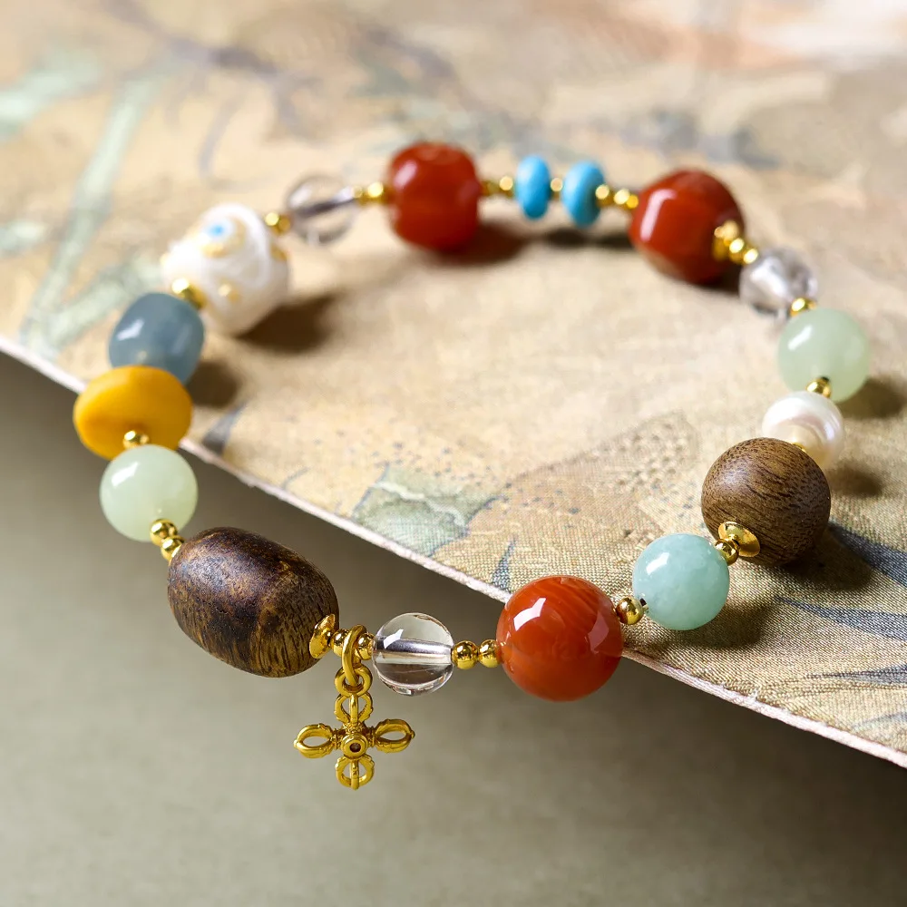 Yellow Agarwood RootTassel withDevil'sTearsWhiteCrystal Amber and Pearl Multi-Treasure Bracelet Antique Wooden Treasure Bracelet