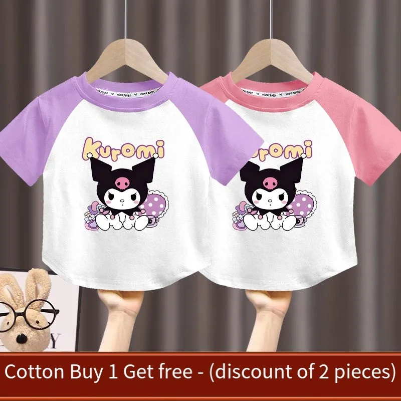 Anime Sanrios Kuromi Kids Meisjes Korte Mouw Mode Katoenen T-Shirt Cartoon Halve Mouw Zomer Losse Tops Casual Kinderkleding