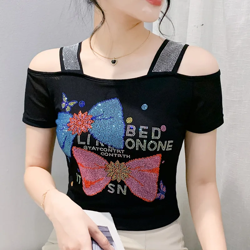 

Новинка 2023 года, летняя женская футболка с блестящими бриллиантами, сексуальные тонкие футболки с открытыми плечами Y2K, модные роскошные женские топы, рубашки