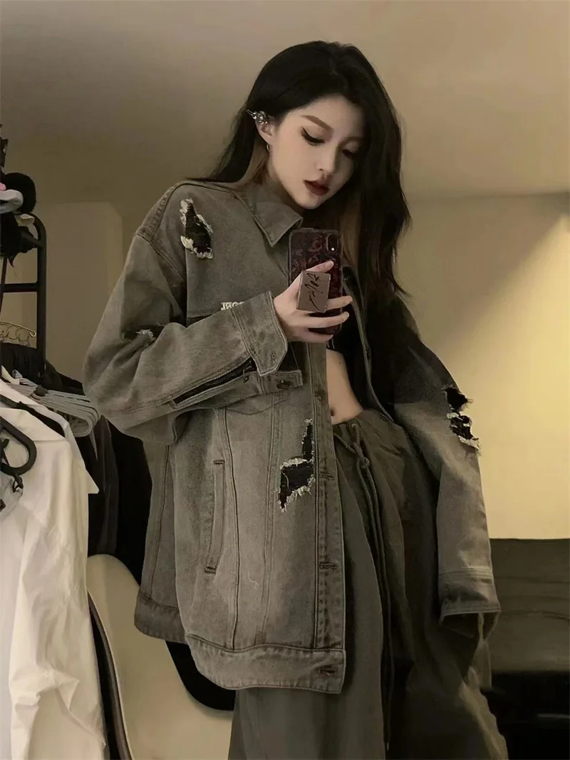 

Hong Kong Style Denim Loose Jacket Women 2023 Spring Autumn Style Design Sense Distressed Vintage Hip-hop loose Jacket Top Trend