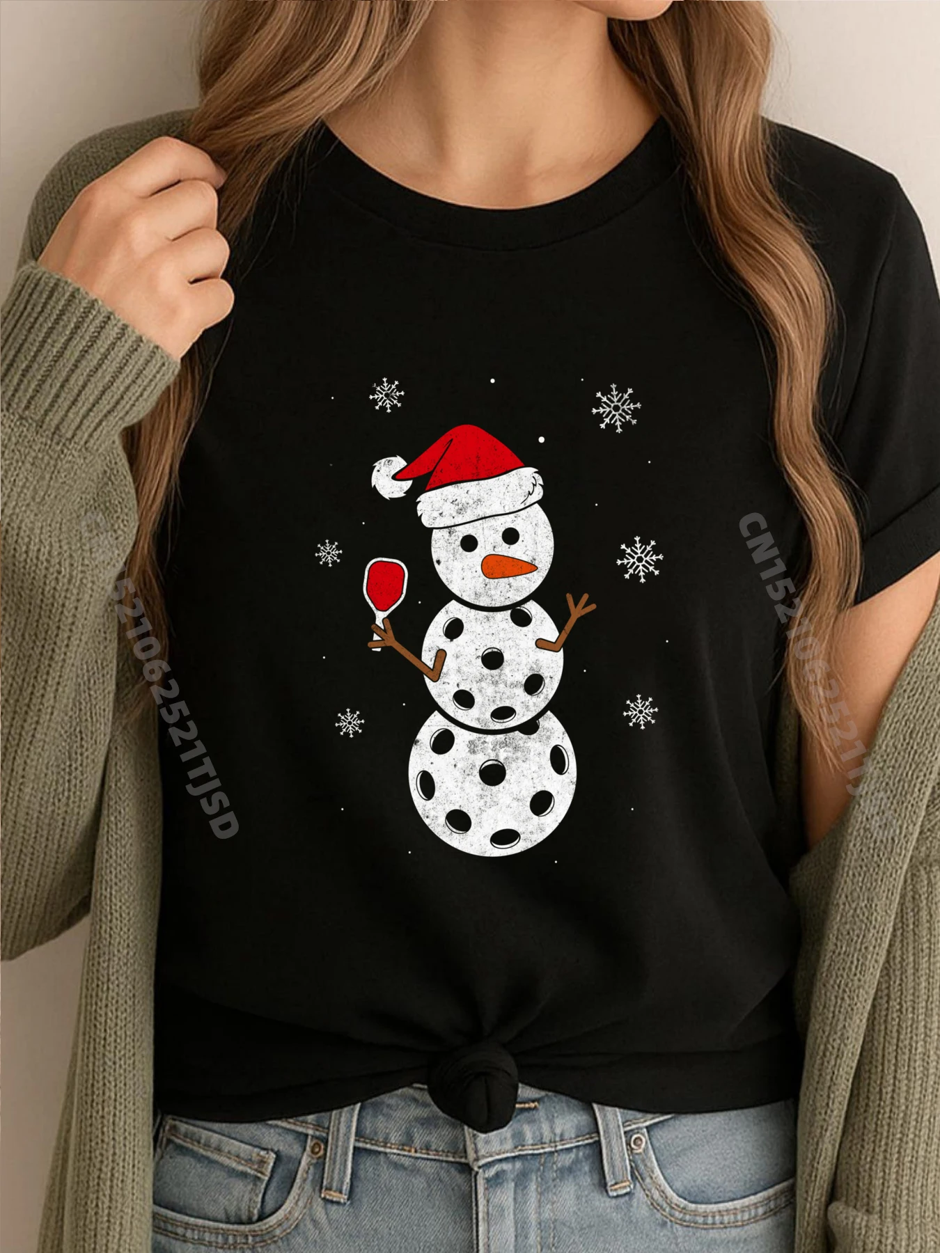 

Шляпа Санта-Клауса Снеговик на Рождество Пиклбол Рождественские простые футболки Оптовая продажа подарков для женщин Футболка мытая роскошь