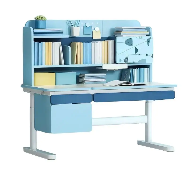 Elementary school desk and bookshelf set with storage drawers, adjustable height, wooden study table for bedrooms