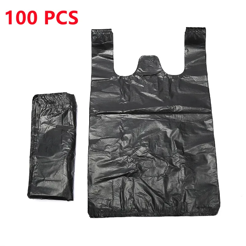 100 יחידות של תיקי קניות שחורים מפלסטיק, תיקי אחסון מעובה לקניות בסופרמרקט, אריזת קניות למטבח, תיקי אחסון לזבל