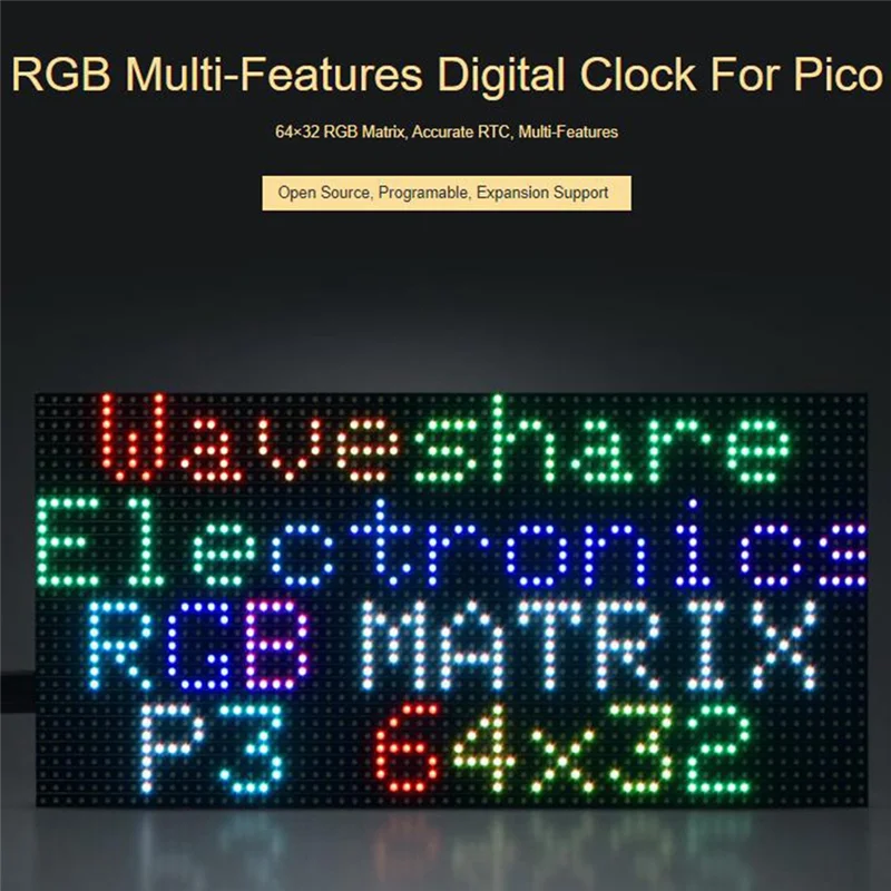 Waveshare-Relógio Digital para Raspberry Pi Pico, Tela Matriz de Pontos, RGB Full Color, Multi Features, RGB-Matrix-P3-64X32