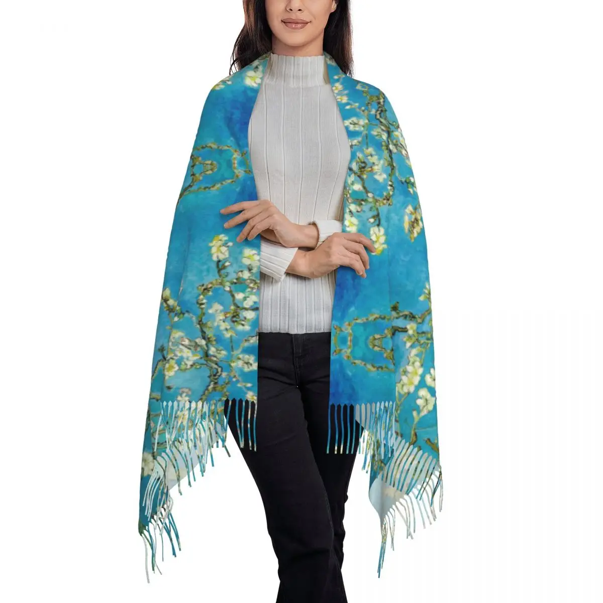 Unisex Scarf Keep Warm Almond Blossom Head Scarves with Long Tassel Vincent Van Gogh y2k Funny Shawl Wrap Winter Custom Foulard