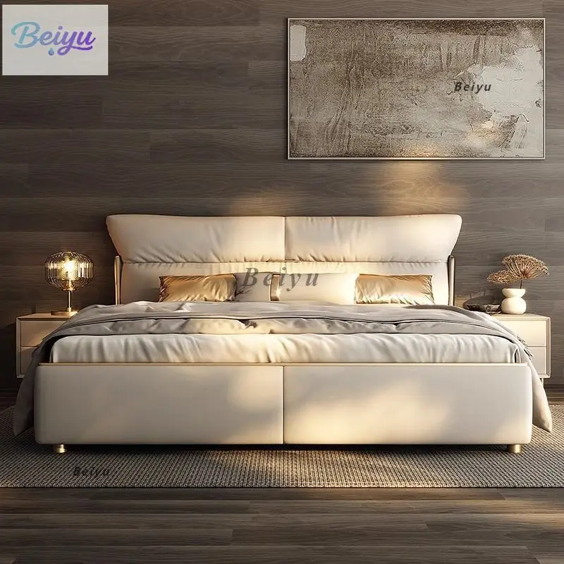 

2024 new light luxury cream master bedroom solid wood down backrest leather queen bed modern high-end atmospheric wedding bed