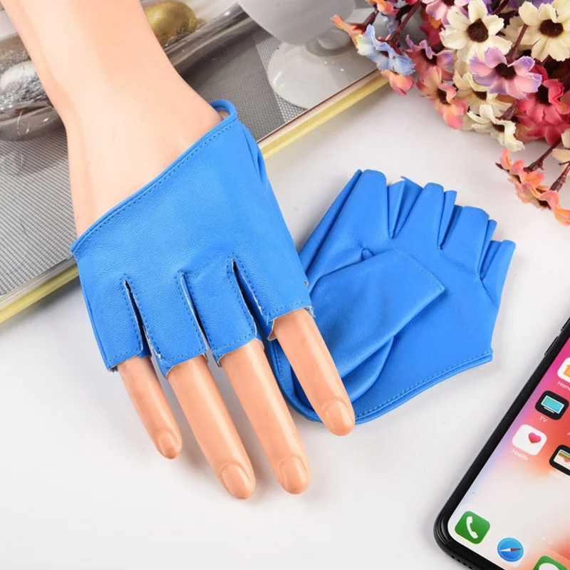 Women Sexy Night Club Performance Glove Punk Rock Dance Show PU Leather Half Plam Half Finger Touch Screen Fitness Mitten M25