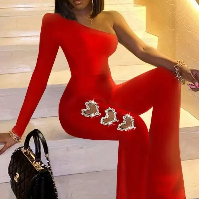 

European And American Women's Elegant Oblique Shoulder Single Sleeve Hot Drill Hollow-out Solid Color Slim-fit Jumpsuit