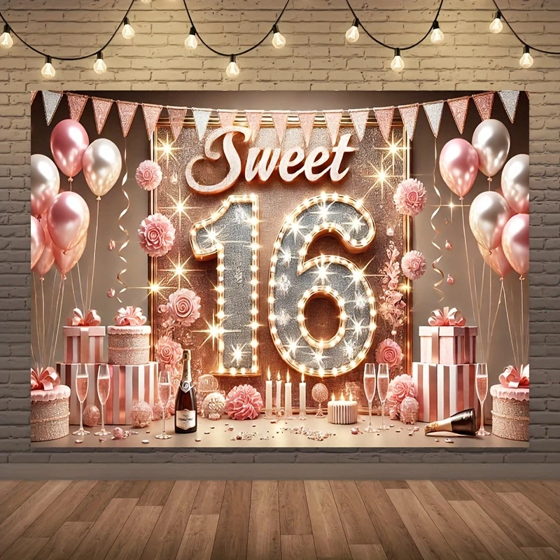 Sweet 16 Birthday Party Banner Decoration - Polyester background for 16th birthday celebration