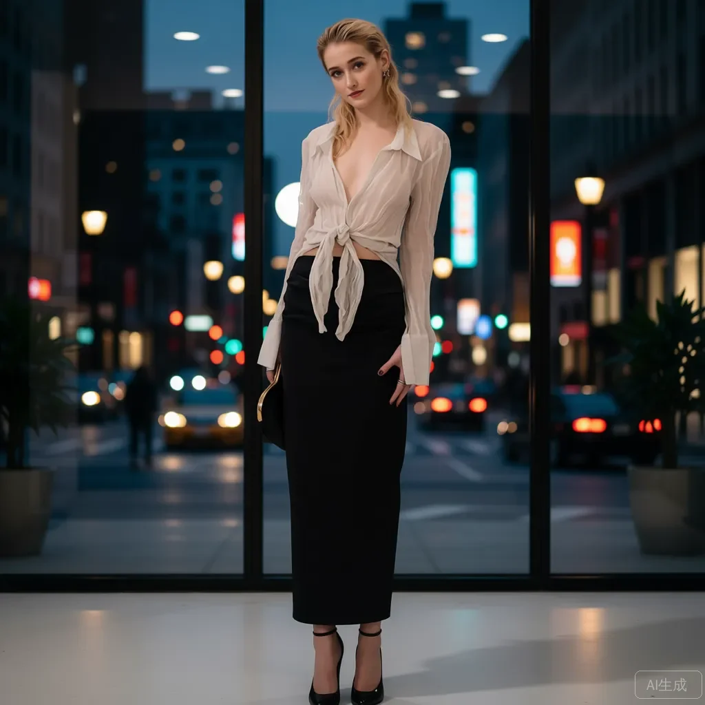 

Elegant White Sheer V‑Neck Top with Front Tie Black High‑Waist A‑Line Gown Party Evening Cocktail Skirt Summer Night Out