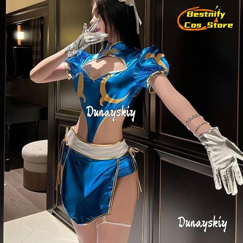 أزياء كوسبلاي جيمز تشون لي التأثيرية S-L فساتين شيونغسام الأزرق سبليت للنساء البالغات بدلة أغطية الرأس بدلة أنيمي للحفلات