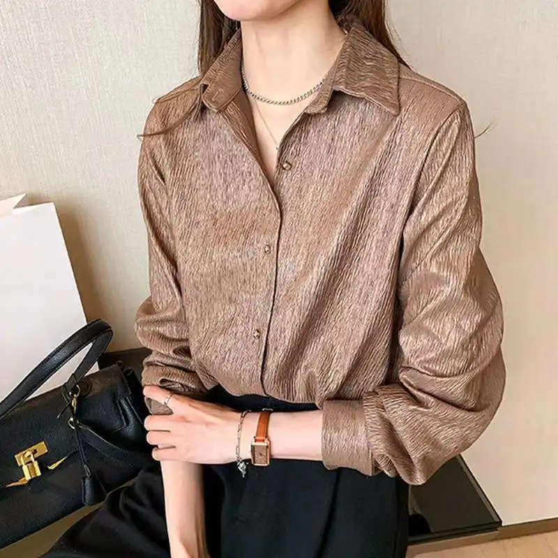 Spring Autumn New Women\'s Commute Solid Single-breasted Shirt Elegant Stylish Polo-Neck Vintage Long Sleeve Blouse for Female