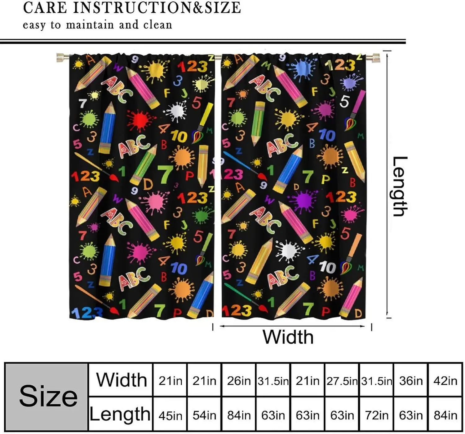 Colorful Doodle ABC Number School Supply Curtains, Cute Stationery Print 2 Panels Drapes for Kids Bedroom Classroom Decor