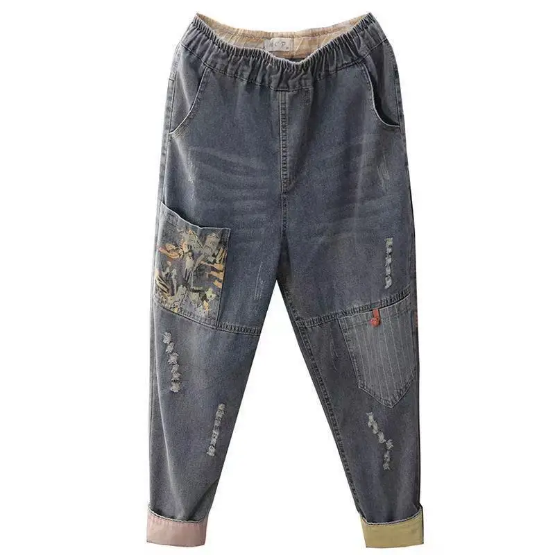 Artistic Patchwork Denim Pants Women Loose Fit Vintage Embroidery Destroyed Jeans Bohemian Style Comfort Waist