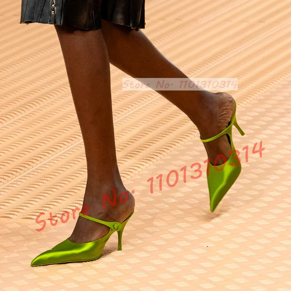 

Green Satin Pointed Toe Mules Women Luxury Side Buckle Strap Thin High Heels Silk Slippers Ladies Stylish Outside Catwalk Shoes