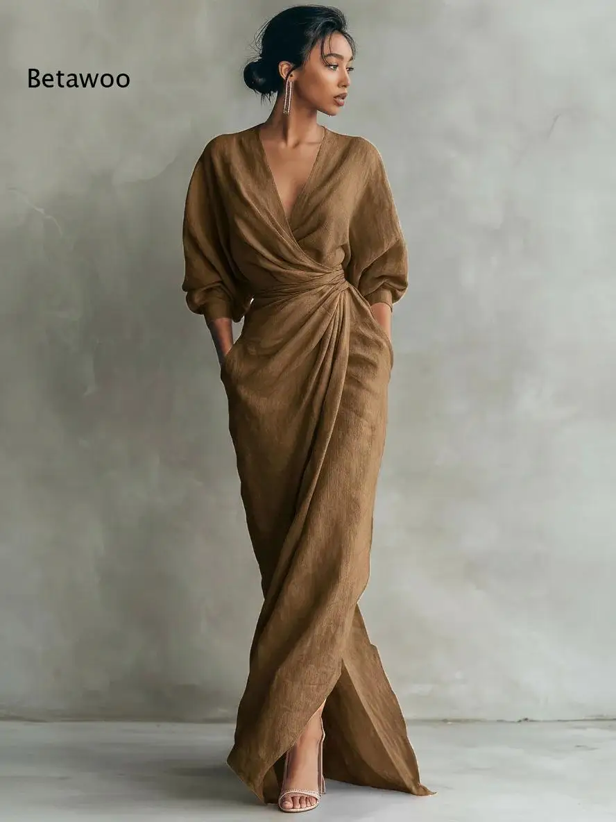 Women Wrap Maxi Dress Deep V Neck Long Sleeve Waist Knot Draped Detail Side Pockets Elegant Formal Evening Party Dress