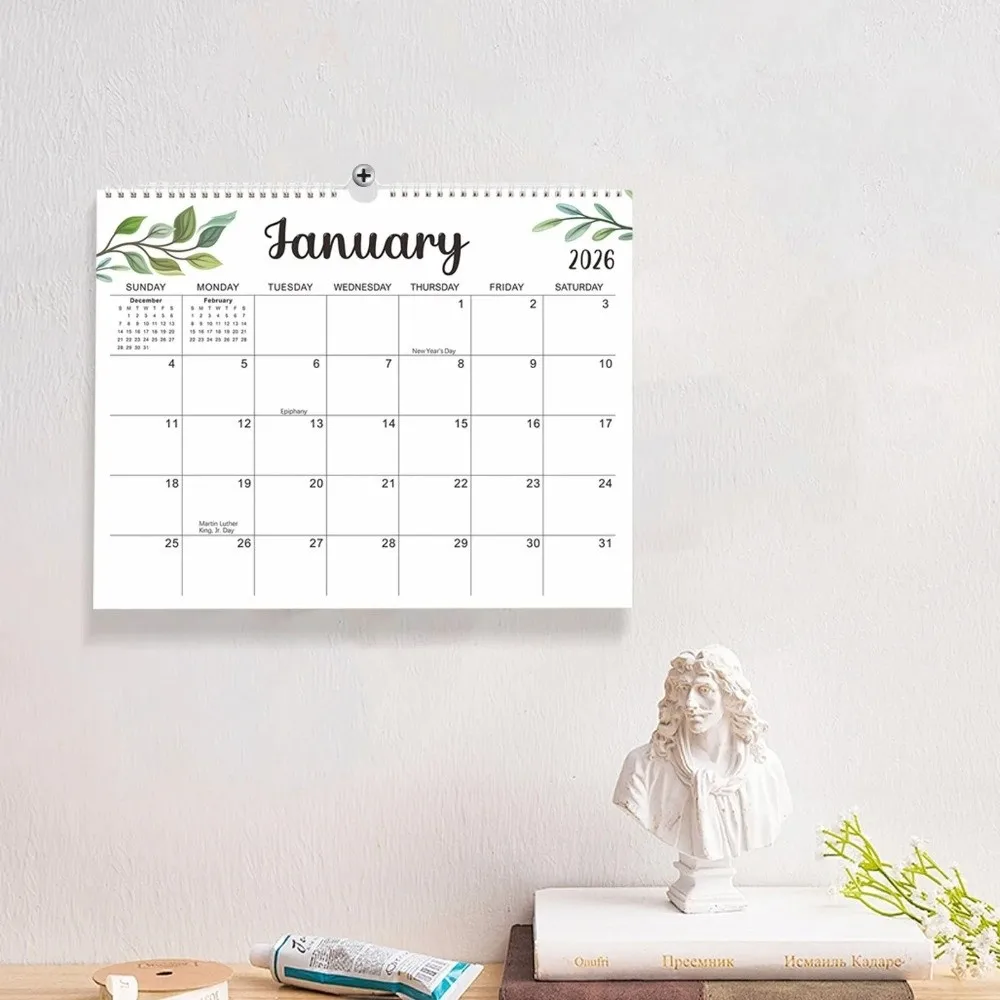 

18 Months Leaf Pattern Calendar Coil Binding Portable English Calendar Square Minimalist Weekly Schedule Calendar Work Planning