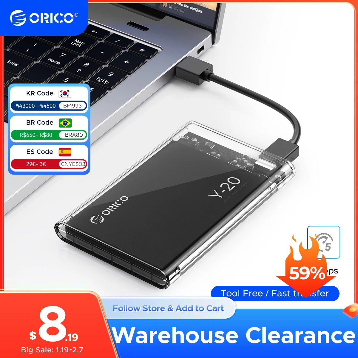 ORICO Transparent HDD Case SATA to USB 3.0 Hard Drive Case External 2.5'' HDD Enclosure for HDD SSD Disk Case Box Support UASP