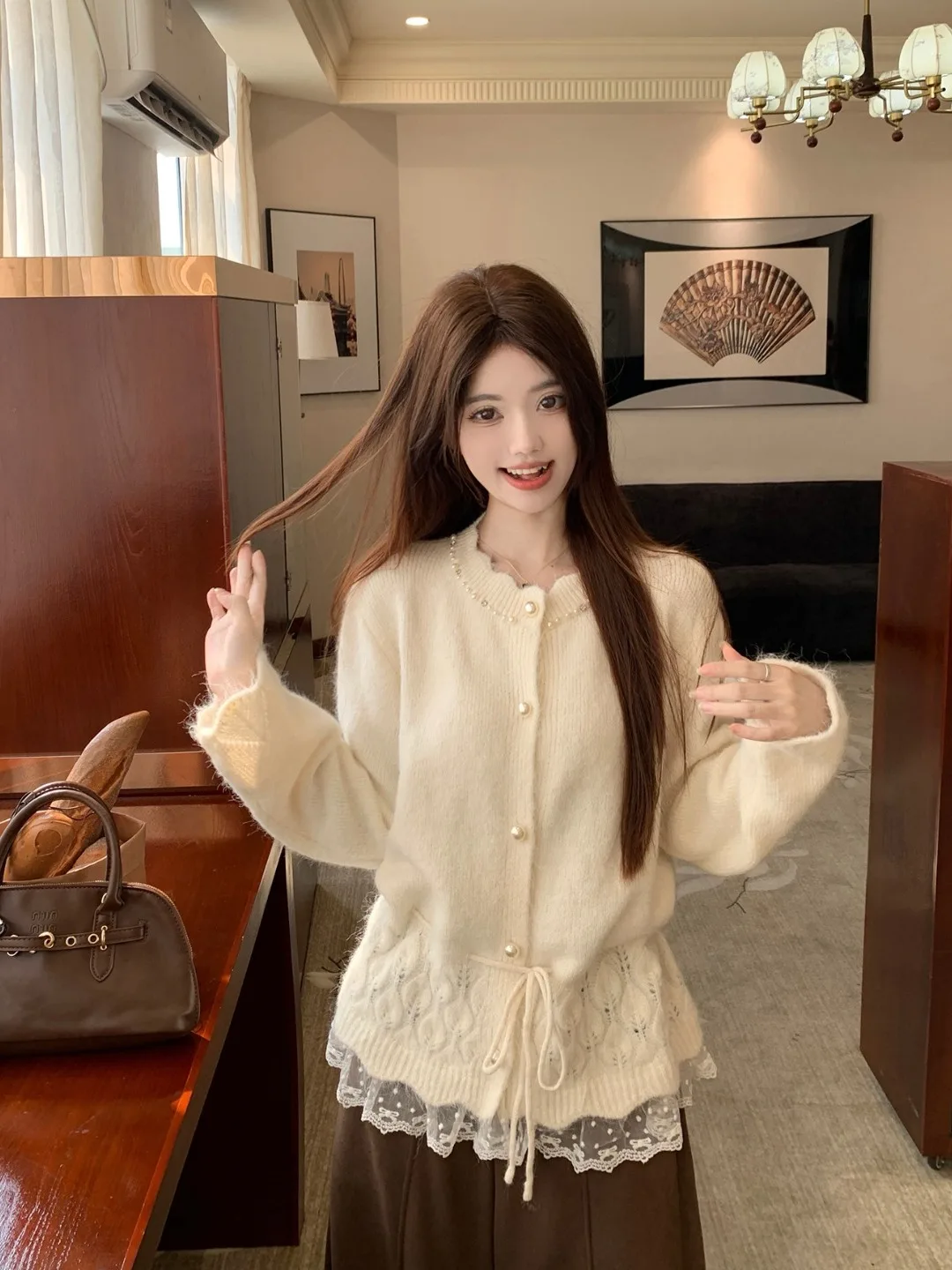 

plus Size Women's Sweet Lace Trim Dstring Hollow Knitted Top High Waist Skirt Set Autumn Winter New Sle Korean Loos...