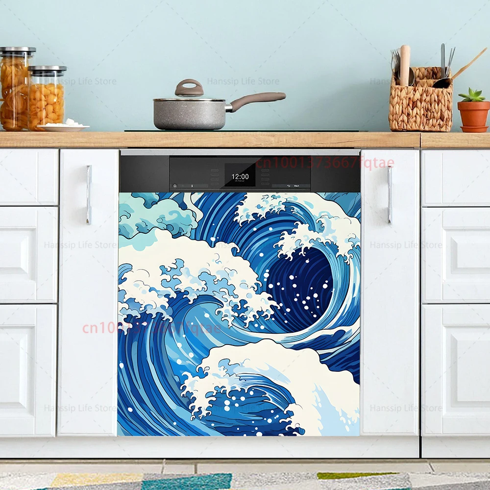 Watercolor Anime Summer Beach Mural Dishwasher Sticker Cover, Kitchen Decorative Washing Machine Dish Washer Door Panel Decals