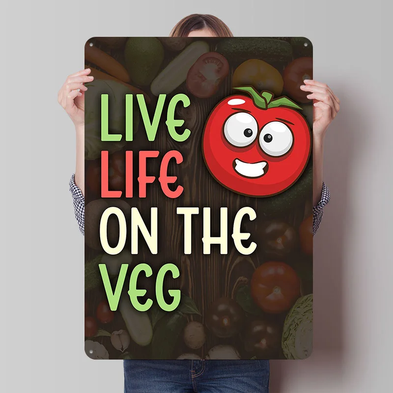 Live Life on the Veg Tomato Metallposter Metallschilder Wandkunst Vintage Dekoration Zimmer Individuelles Blechschild für Heimdekoration Retro