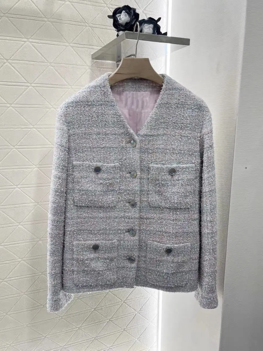 

Южное масло, элитная осенняя новая женская модная верхняя одежда, твидовая одежда Jaet Color Blo с диагональным узором, теплая длинная свеч V-Ne