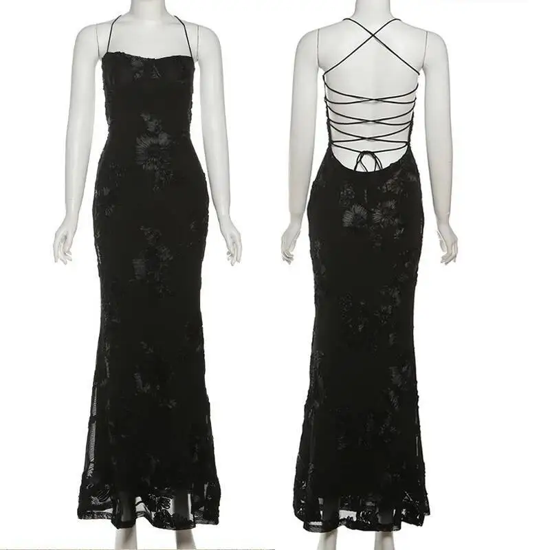 Sexy Abend-Club-Party-Kleider 2022, Damen, Sommer, Herbst, Blumenmuster, Mesh, Maxi-langes Kleid, figurbetont, Bnadage, rückenfrei, Meerjungfrau-Robe