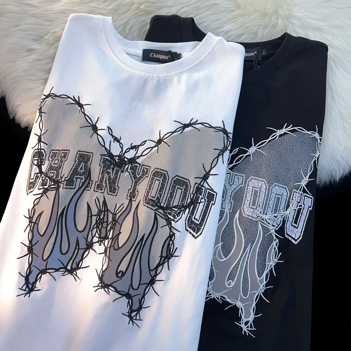 American Fashion Brand Thorn Butterfly Dark Black Cotton Top Short Sleeve T-shirt for Men and Women Half Sleeve Loose Versatile