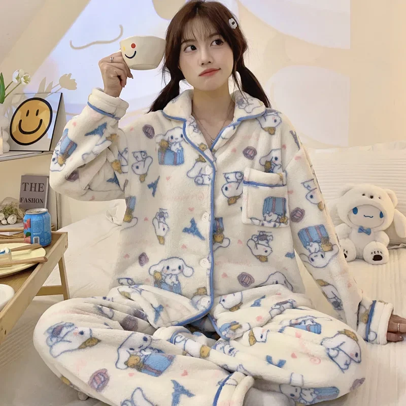 

Cartoon anime Sanrio cinnamoroll coral fleece thickened pajamas sweet kawaii loose homewear winter warm long-sleeved pants set