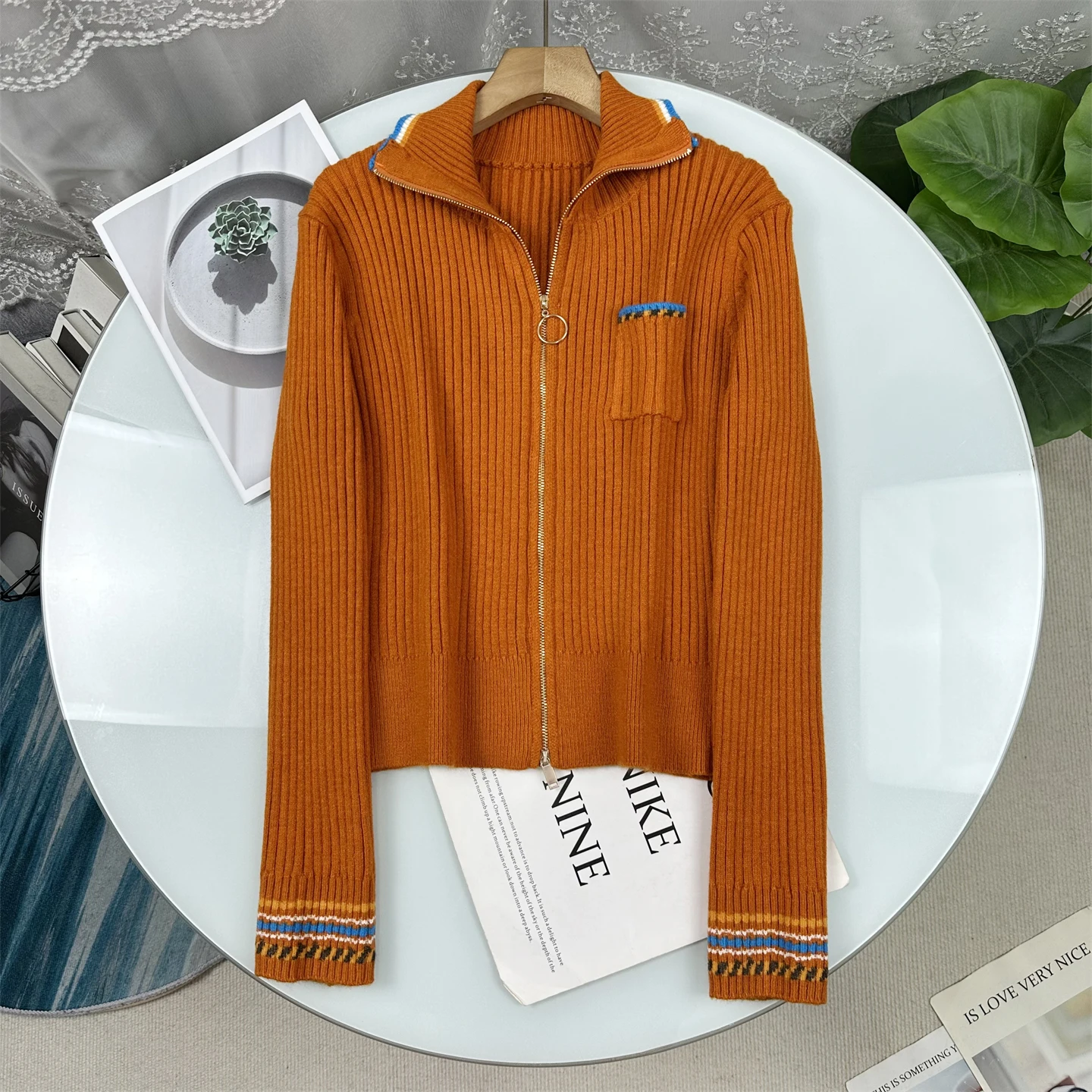 

Casual Style Zipper Knitted Half High Collar Color Block Women's Sweater Long Sleeve Slim Fit Open Cardigan Autumn New Arrival