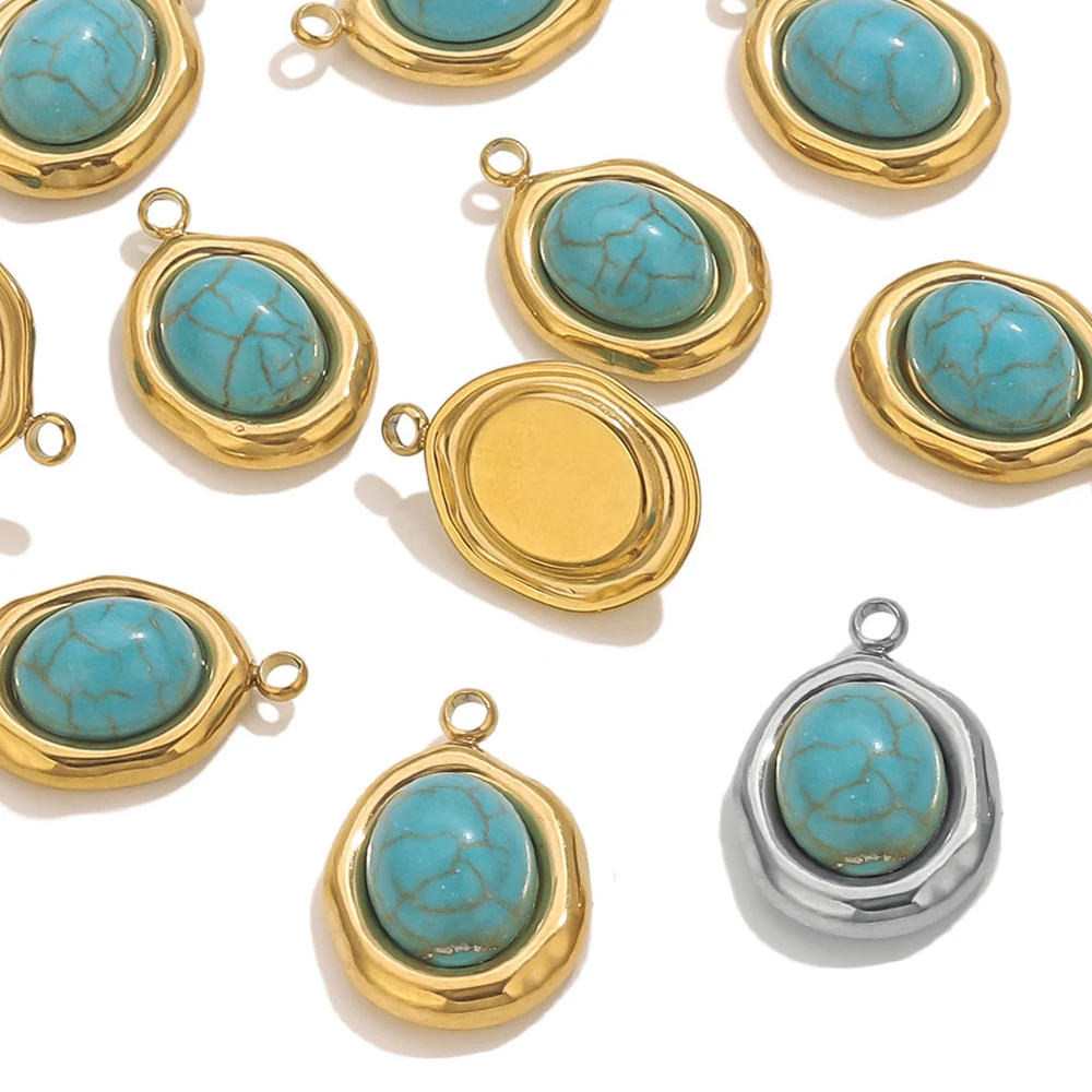 5PCS High-Quality 18K Gold Plated Stainless Steel Turquoise Inlay Pendants DIY Necklace Earring Jewelry Connectors Wholesale