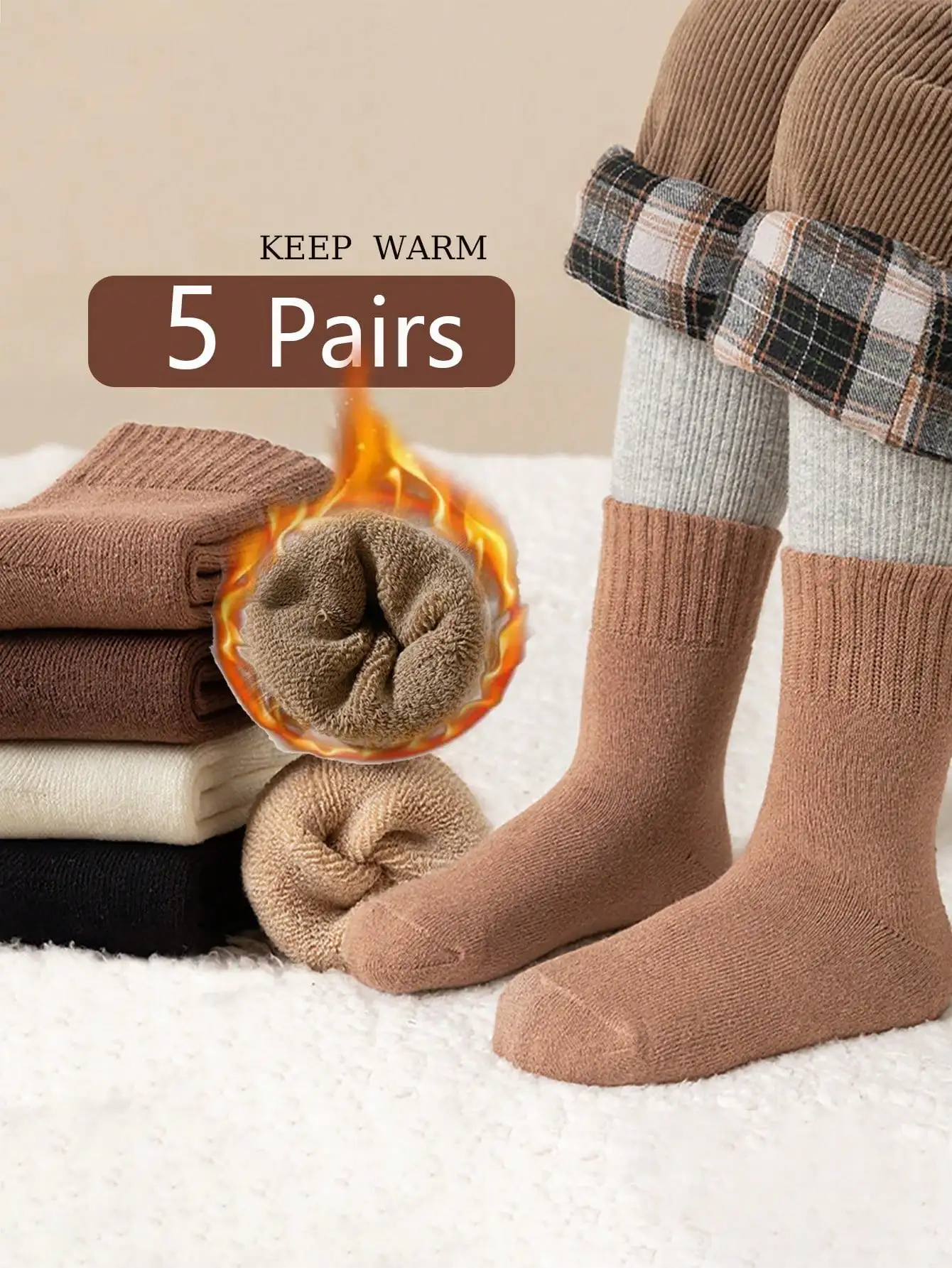 5Pairs Children\'s Thick Terry Socks with Letter Print, Keep Warm and Fleece Lined Mid-Calf Length Baby Glove Socks