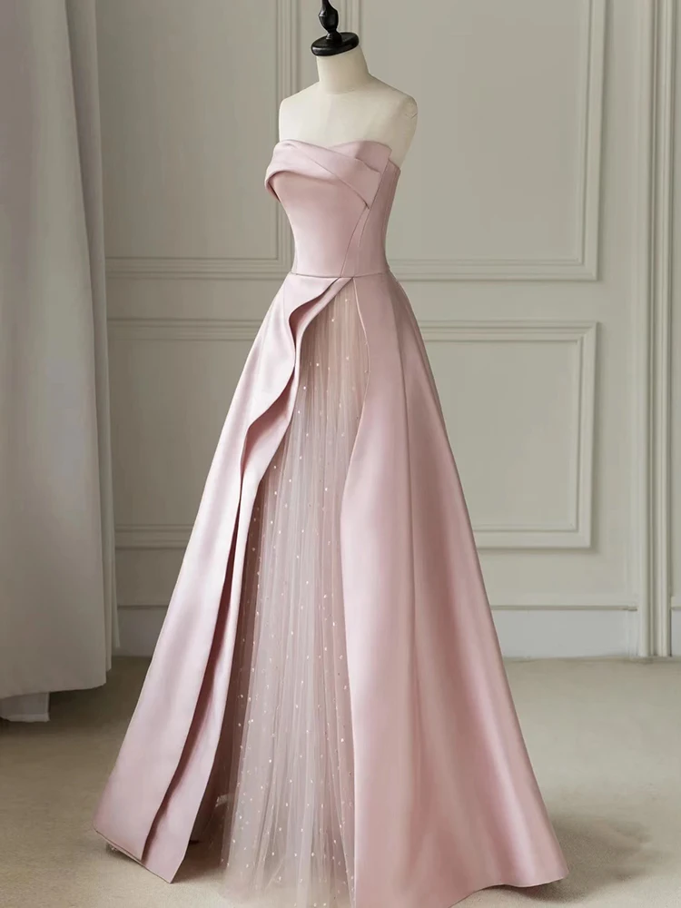 Pink Strapless Evening Dress Celebrity Banquet Party Dress Light Luxury Costume Engagement Dress Pink Patchwork Strapless Gown