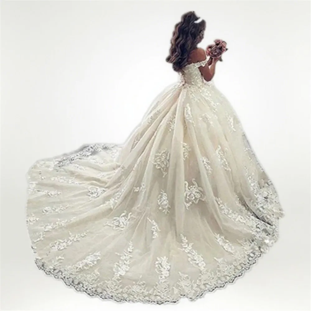 فستان زفاف فاخر مزين بالدانتيل على شكل زهرة للفتيات بدون أكتاف مع ذيل الأميرة وحفلات أعياد الميلاد المقدسة #3