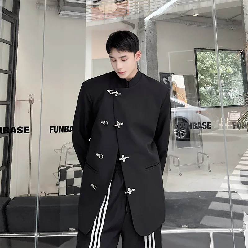 

Мужская повседневная куртка-пальто Zhongan с воротником-стойкой, синяя, удлиненная, на несколько пуговиц, стандартная длина