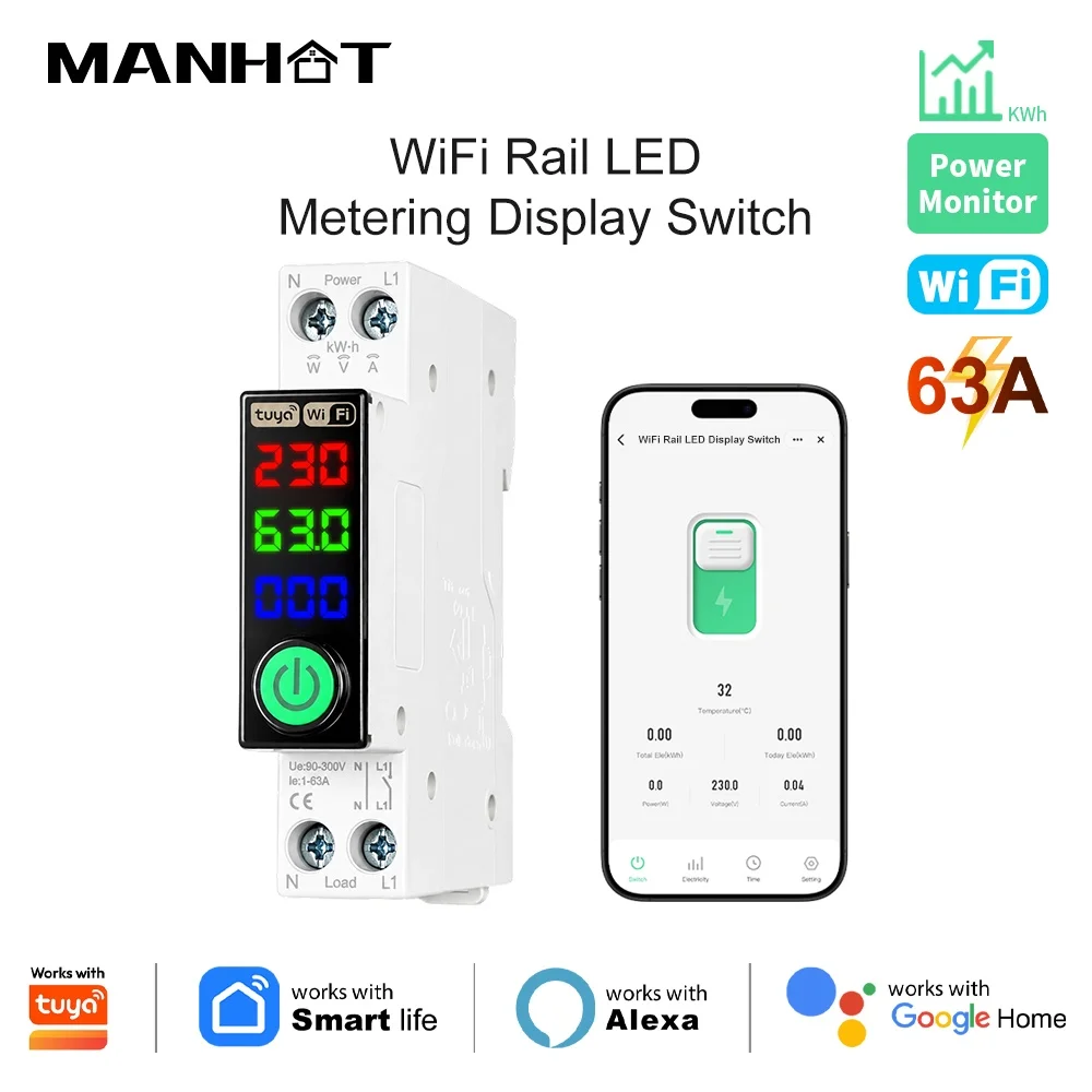 Manhot WiFi Smart Circuit Breaker MCB 1P+N 63A with LED Metering Power Energy kWh Voltage Current Meter Protector Work with Tuya